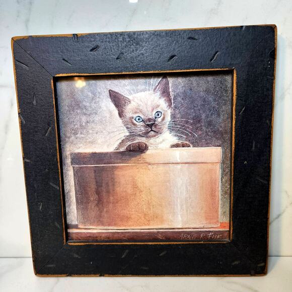 Arnie Fisk Art Print Charming Siamese Kitten in Hat Box Retro Cat Wall Decor - Picture 2 of 6